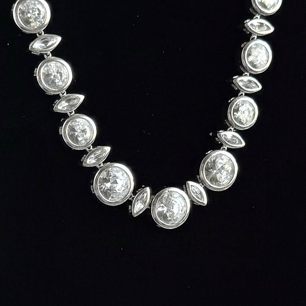 Vintage Silver Tone Bezel Set Crystal Necklace Rivière 17” Graduated Statement